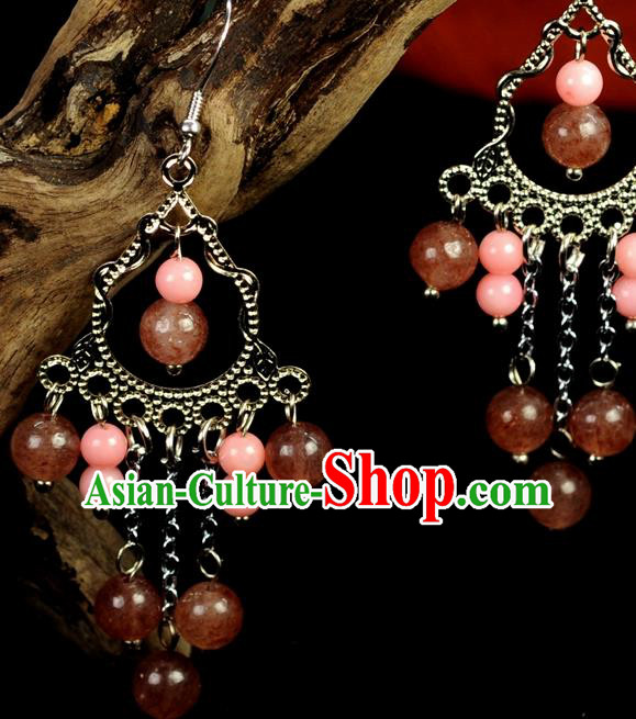 Chinese Traditional Jewelry Accessories Ancient Hanfu Pink Beads Earrings for Women