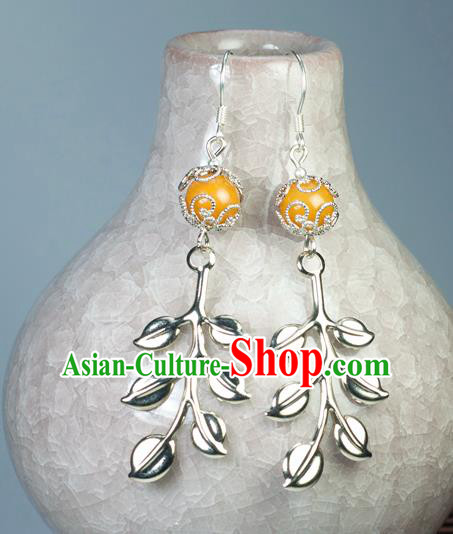 Chinese Traditional Jewelry Accessories Ancient Hanfu Orange Bead Earrings for Women