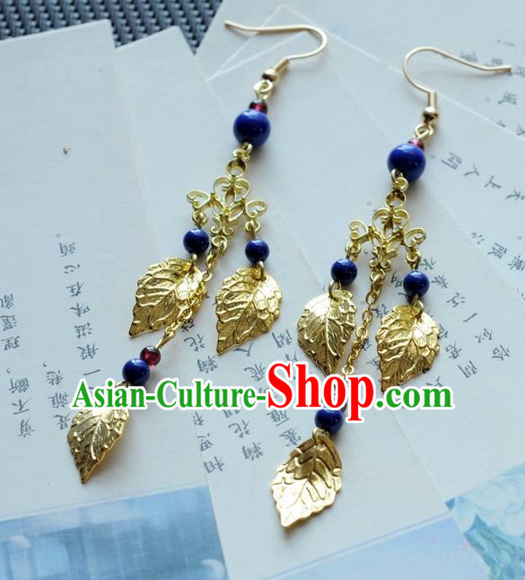 Chinese Traditional Jewelry Accessories Ancient Hanfu Golden Leaf Tassel Earrings for Women