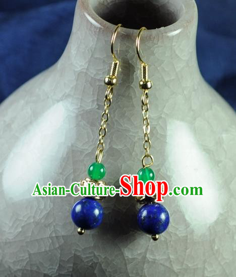 Chinese Traditional Jewelry Accessories Ancient Hanfu Blue Bead Earrings for Women