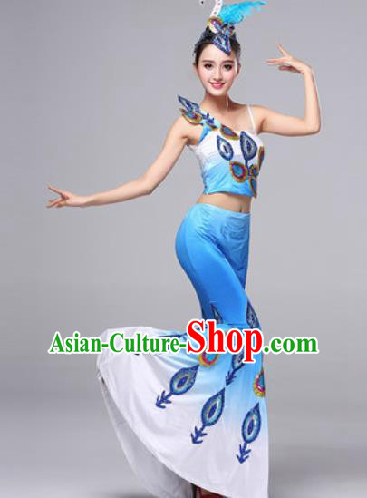 Chinese Traditional Dai Ethnic Costumes Minority Nationality Folk Dance Pavane Blue Dress for Women
