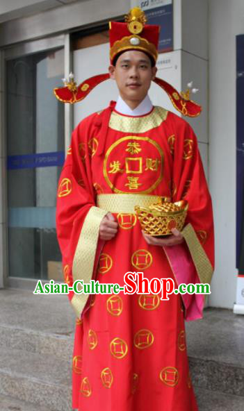 Chinese Traditional God of Wealth Costume Ancient God of Fortune Embroidered Red Robe for Men