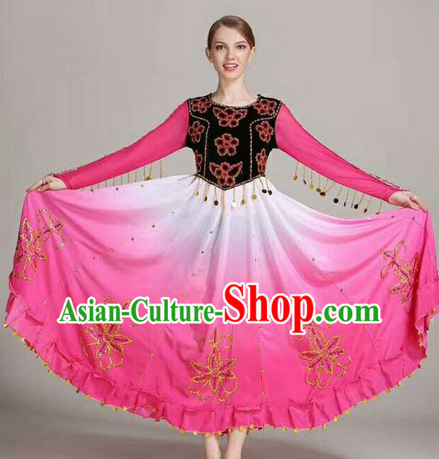 Chinese Traditional Uigurian Ethnic Costumes Uyghur Minority Folk Dance Rosy Dress for Women