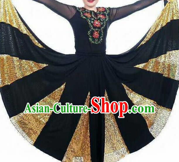 Chinese Traditional Xinjiang Uigurian Ethnic Costumes Uyghur Minority Folk Dance Black Dress for Women
