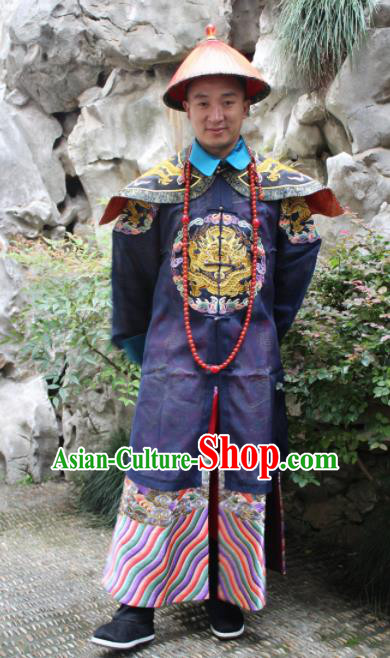Chinese Traditional Ancient Qing Dynasty Manchu Royal Highness Embroidered Costumes and Hat for Men