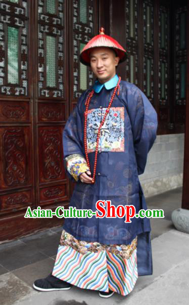 Chinese Traditional Ancient Qing Dynasty Manchu Civil Official Embroidered Costumes and Hat for Men