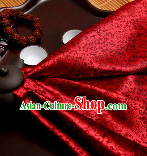 Chinese Traditional Brocade Classical Fishes Pattern Design Wine Red Silk Fabric Material Satin Drapery