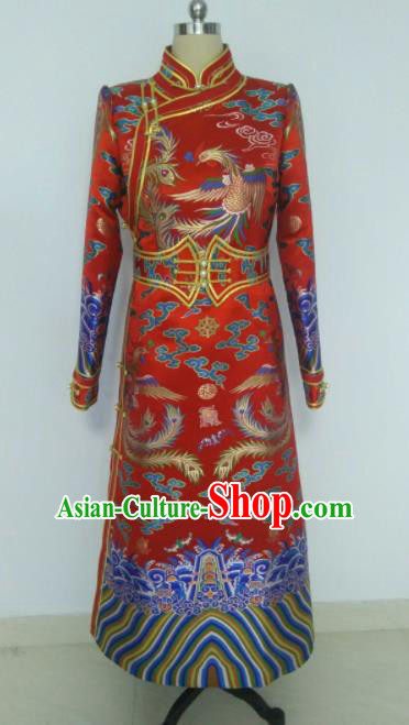 Chinese Traditional Red Ethnic Costumes Mongolian Minority Nationality Bride Dress for Women