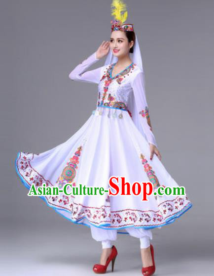Chinese Traditional Ethnic Costumes Uyghur Minority Nationality White Dress for Women