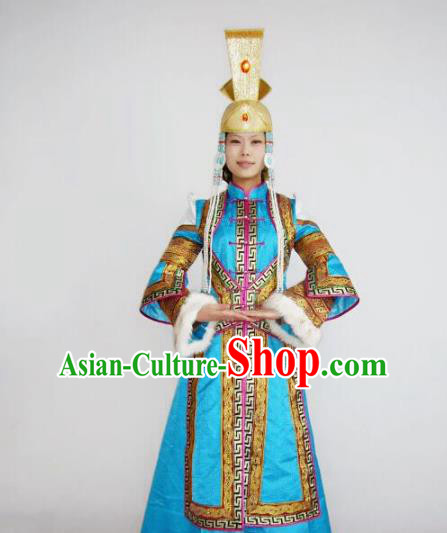 Chinese Traditional Bride Ethnic Costumes Mongolian Minority Nationality Blue Dress for Women