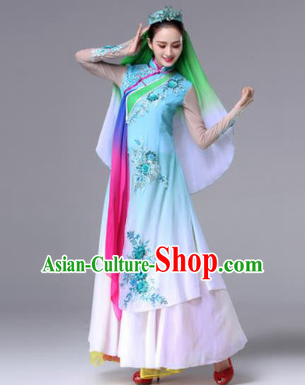 Chinese Traditional Ethnic Costumes Hui Minority Nationality Folk Dance Blue Dress for Women