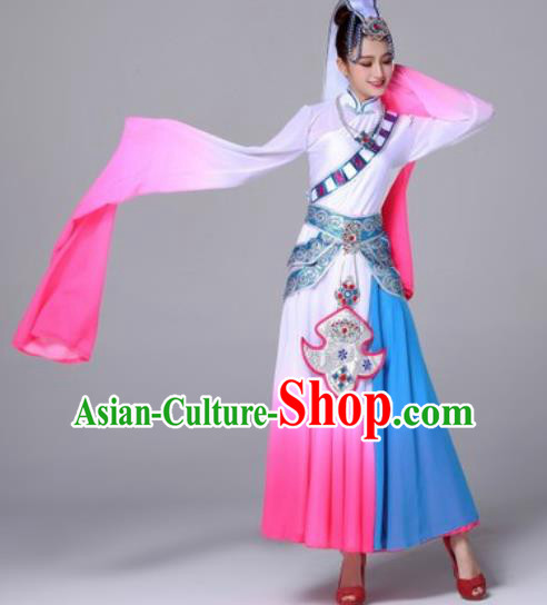 Chinese Traditional Ethnic Costumes Tibetan Minority Nationality Folk Dance Pink Dress for Women