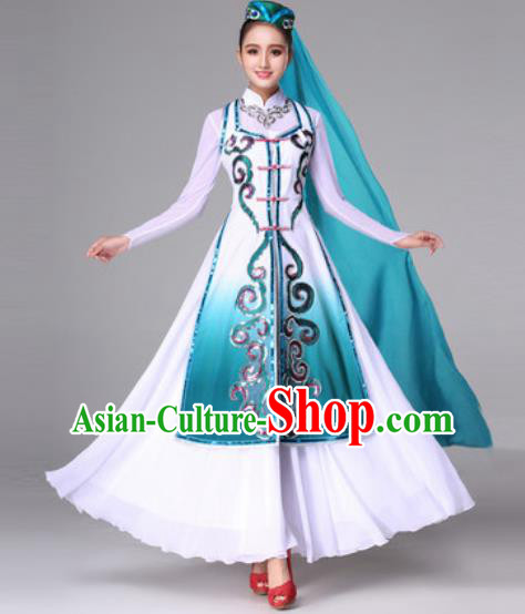 Chinese Traditional Ethnic Costumes Hui Minority Nationality Folk Dance Green Dress for Women