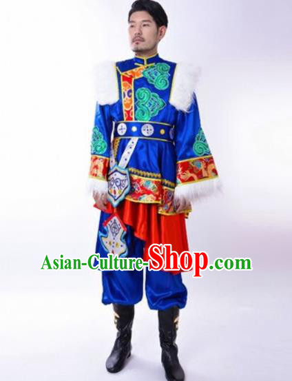 Chinese Traditional Folk Dance Royalblue Costumes Tibetan Minority Dance Clothing for Men