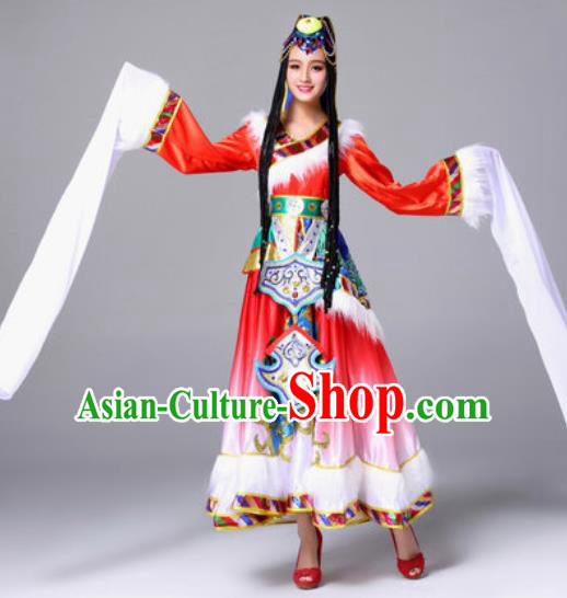 Chinese Traditional Zang Ethnic Costumes Tibetan Minority Nationality Folk Dance Red Dress for Women