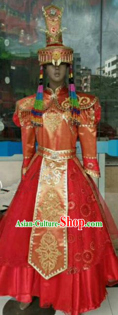 Chinese Traditional Mongol Nationality Red Costumes Mongolian Folk Dance Ethnic Dress for Kids