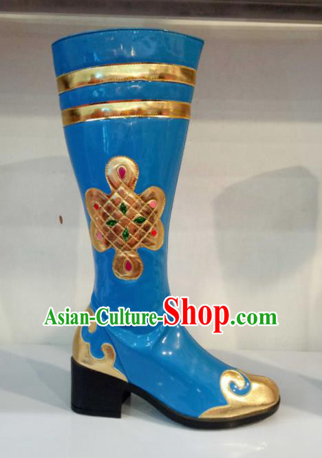 Chinese Traditional Mongolian Shoes Mongol Nationality Folk Dance Blue Boots for Women