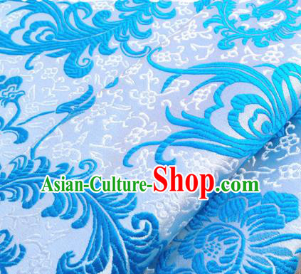 Chinese Traditional Blue Brocade Classical Ombre Flowers Pattern Design Silk Fabric Material Satin Drapery