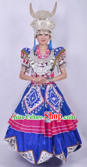 Chinese Traditional Miao Nationality Wedding Costumes Hmong Ethnic Folk Dance Dress and Headwear for Women