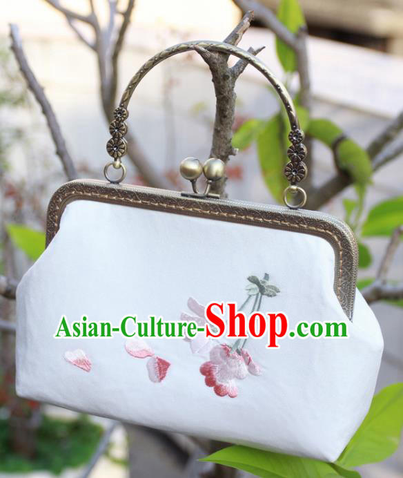 Chinese Traditional Handmade Embroidered Peach Blossom White Bags Retro Handbag for Women