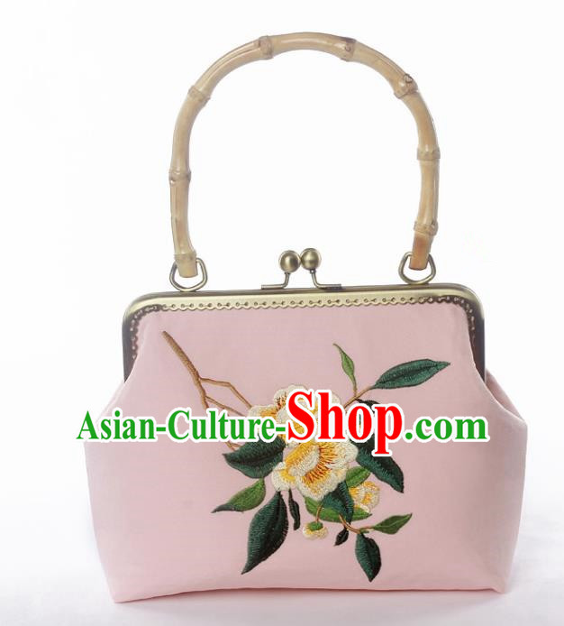 Chinese Traditional Handmade Embroidered Camellia Pink Bags Retro Handbag for Women