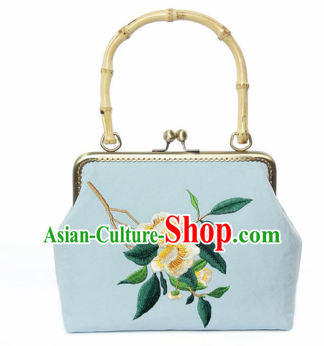Chinese Traditional Handmade Embroidered Camellia Blue Bags Retro Handbag for Women