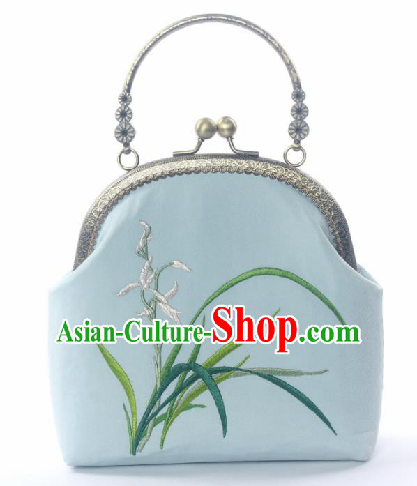 Chinese Traditional Handmade Embroidered Orchid Blue Bag Retro Handbag for Women