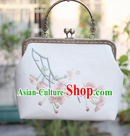 Chinese Traditional Handmade Embroidered Peach Blossom White Bag Retro Handbag for Women