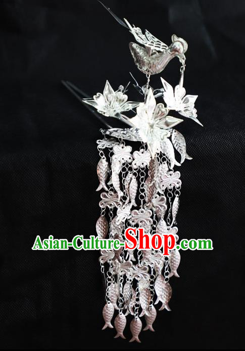 Chinese Traditional Miao Nationality Hair Accessories Sliver Fishes Tassel Hairpins for Women