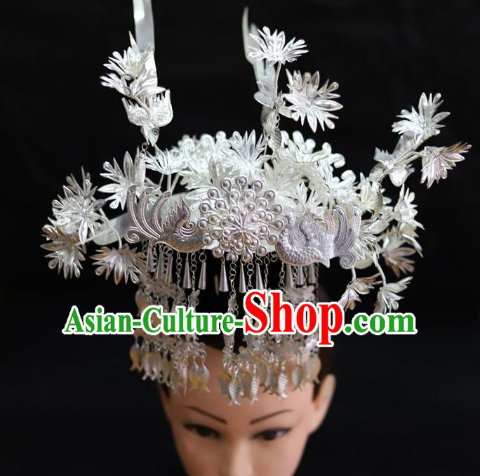 Chinese Traditional Miao Nationality Hair Accessories Carving Sliver Phoenix Coronet Hairpins for Women