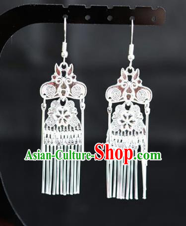 Chinese Traditional Miao Nationality Wedding Accessories Sliver Tassel Earrings for Women