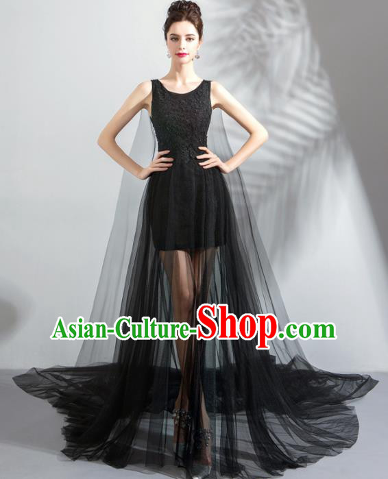 Top Grade Handmade Catwalks Costumes Compere Black Veil Full Dress for Women