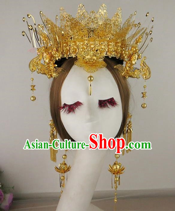 Chinese Traditional Bride Wedding Hair Accessories Ancient Golden Phoenix Coronet Hairpins for Women