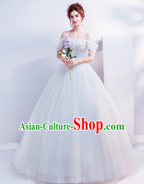 Top Grade Handmade Wedding Costumes Wedding Gown Bride White Flat Shouders Full Dress for Women