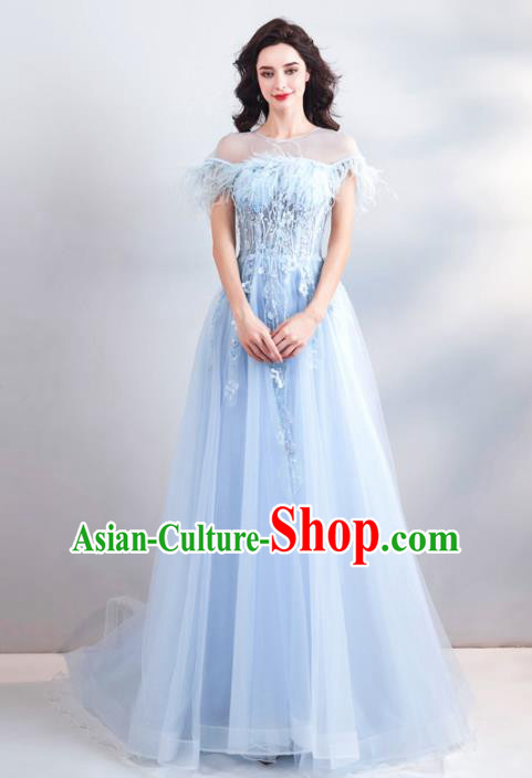 Top Grade Handmade Catwalks Costumes Compere Bride Blue Feather Full Dress for Women