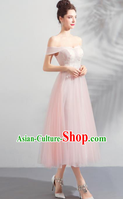 Top Grade Handmade Catwalks Costumes Compere Pink Veil Full Dress for Women