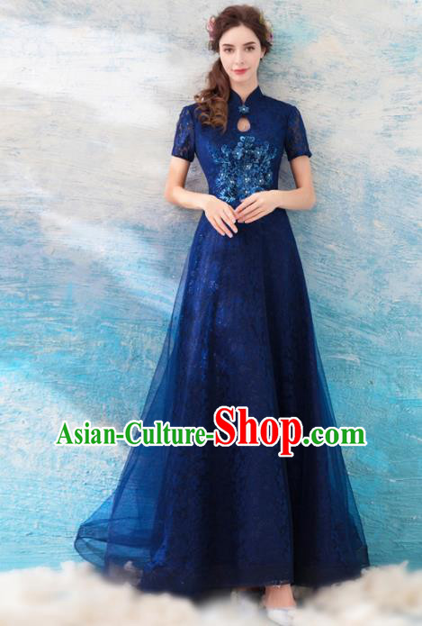 Chinese Traditional Blue Veil Cheongsam Embroidered Costume Compere Full Dress for Women