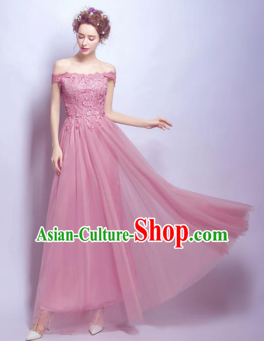 Top Grade Handmade Compere Costume Catwalks Embroidered Pink Formal Dress for Women