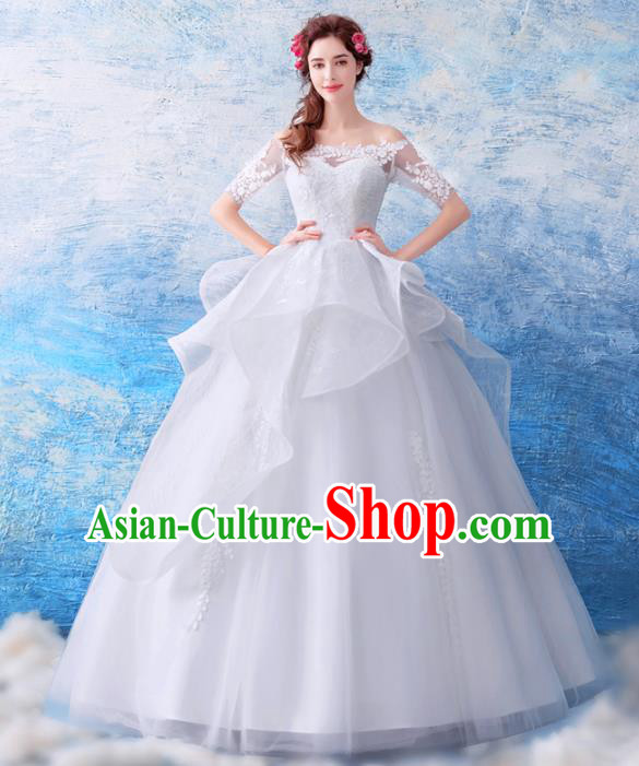 Top Grade Princess Fancy White Wedding Dress Handmade Wedding Gown for Women