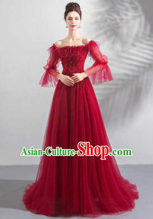 Top Grade Compere Embroidered Costume Handmade Catwalks Bride Wine Red Veil Formal Dress for Women