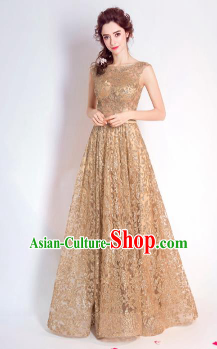 Top Grade Handmade Compere Costume Catwalks Golden Lace Formal Dress for Women