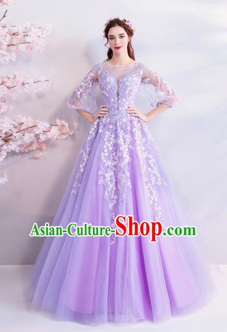 Handmade Top Grade Princess Purple Wedding Dress Fancy Embroidered Wedding Gown for Women