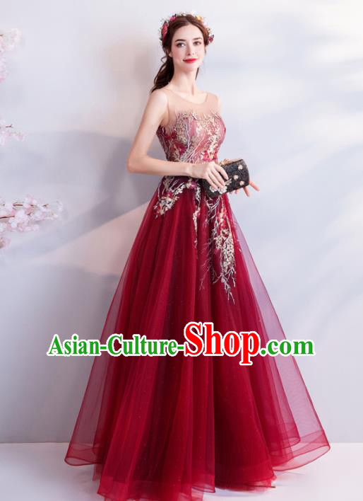 Top Grade Compere Formal Dress Handmade Catwalks Wine Red Veil Full Dress for Women
