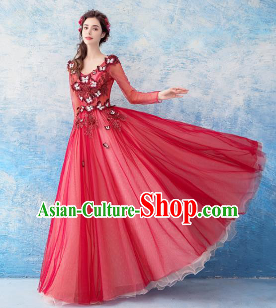 Handmade Princess Red Veil Wedding Dress Fancy Embroidered Wedding Gown for Women