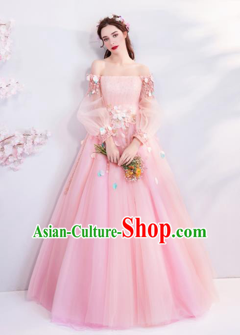 Handmade Princess Pink Veil Wedding Dress Fancy Embroidered Wedding Gown for Women
