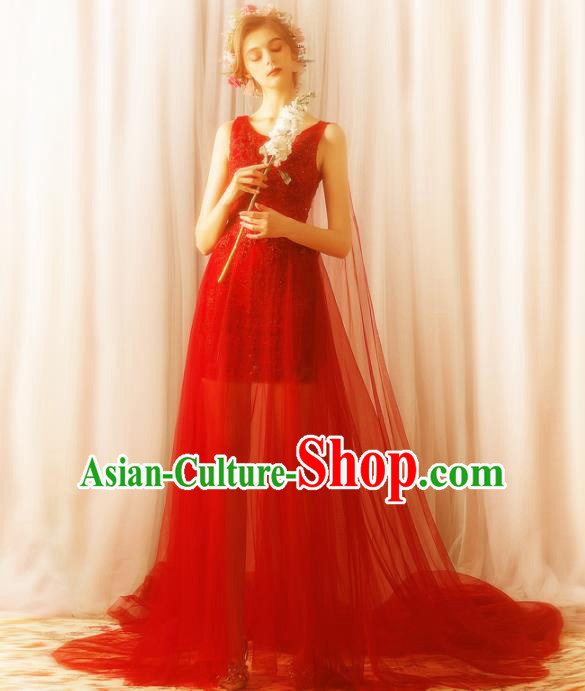 Top Grade Handmade Compere Costume Catwalks Red Veil Trailing Formal Dress for Women