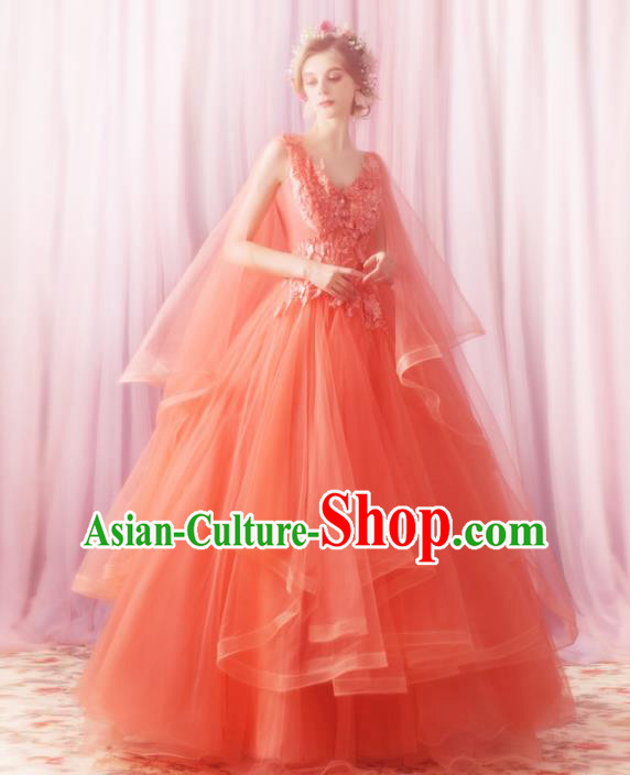 Handmade Princess Orange Wedding Dress Fancy Embroidered Wedding Gown for Women