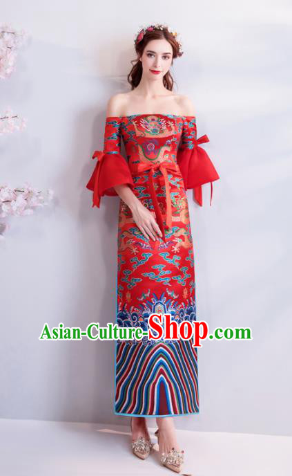 Chinese Traditional Chorus Dragons Cheongsam Wedding Bride Compere Red Full Dress for Women