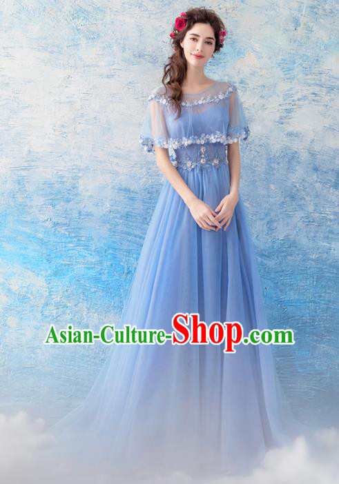 Top Grade Blue Veil Evening Dress Compere Costume Handmade Catwalks Angel Full Dress for Women