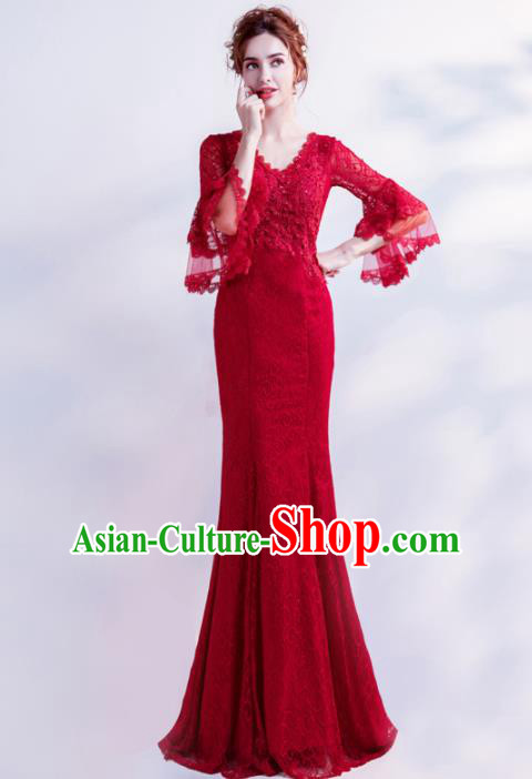 Handmade Red Lace Diamante Evening Dress Compere Costume Catwalks Angel Full Dress for Women